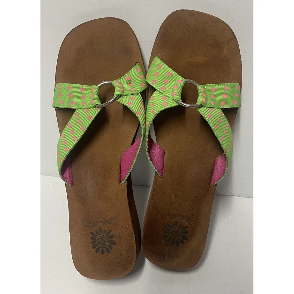 YELLOW BOX WOMENS WEDGE SANDALS GREEN PINK POLKA DOT FLIP FLOP THONG SLIP ON‎ - Picture 4 of 8